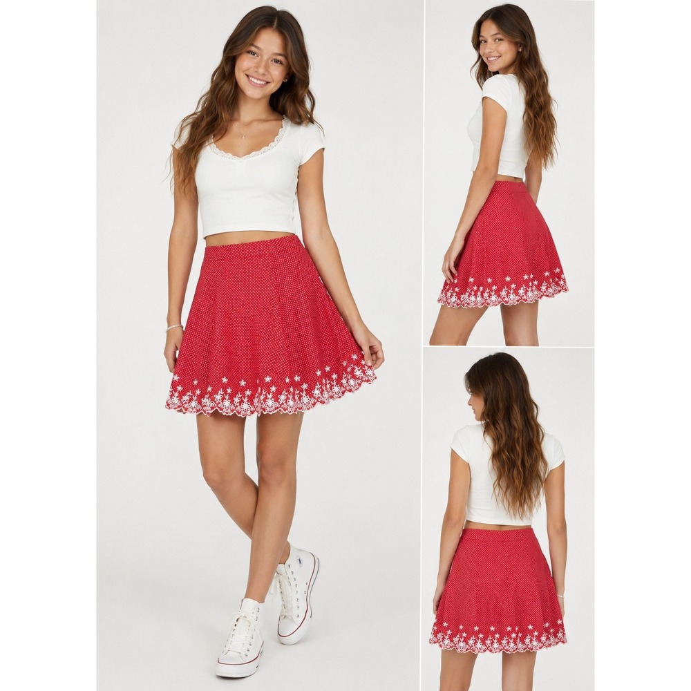 Copper Key Juniors Size 13 Red Polka Dot Embroidered Eyelet Scallop Skirt